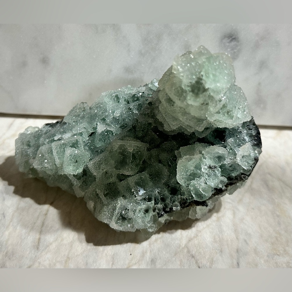 Cluster of Green Sugar Fluorite with Druzy Quartz
